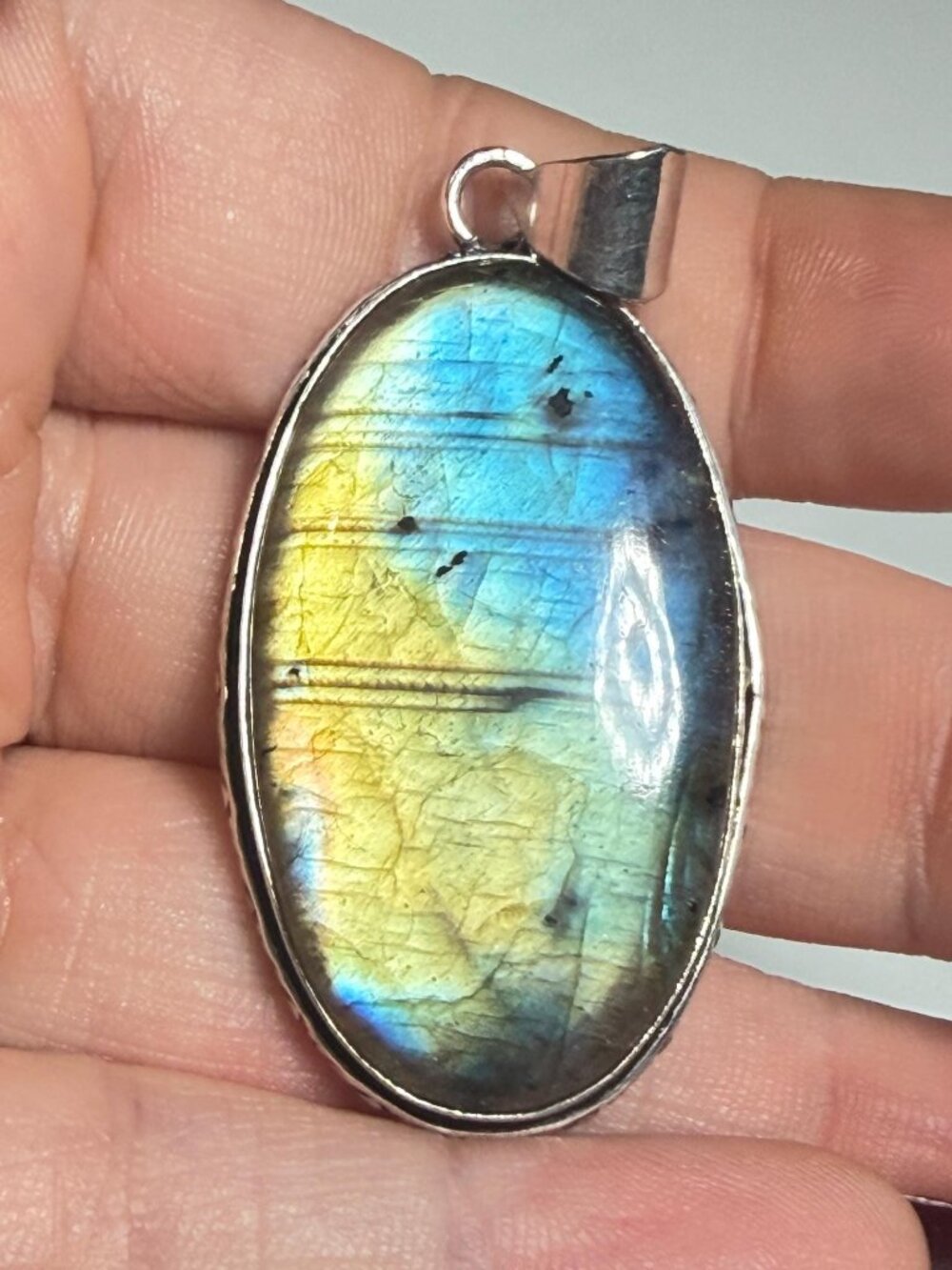 Labradorite Pendant | Blue Yellow Flash | Translucent Oval | 2.25 Inches